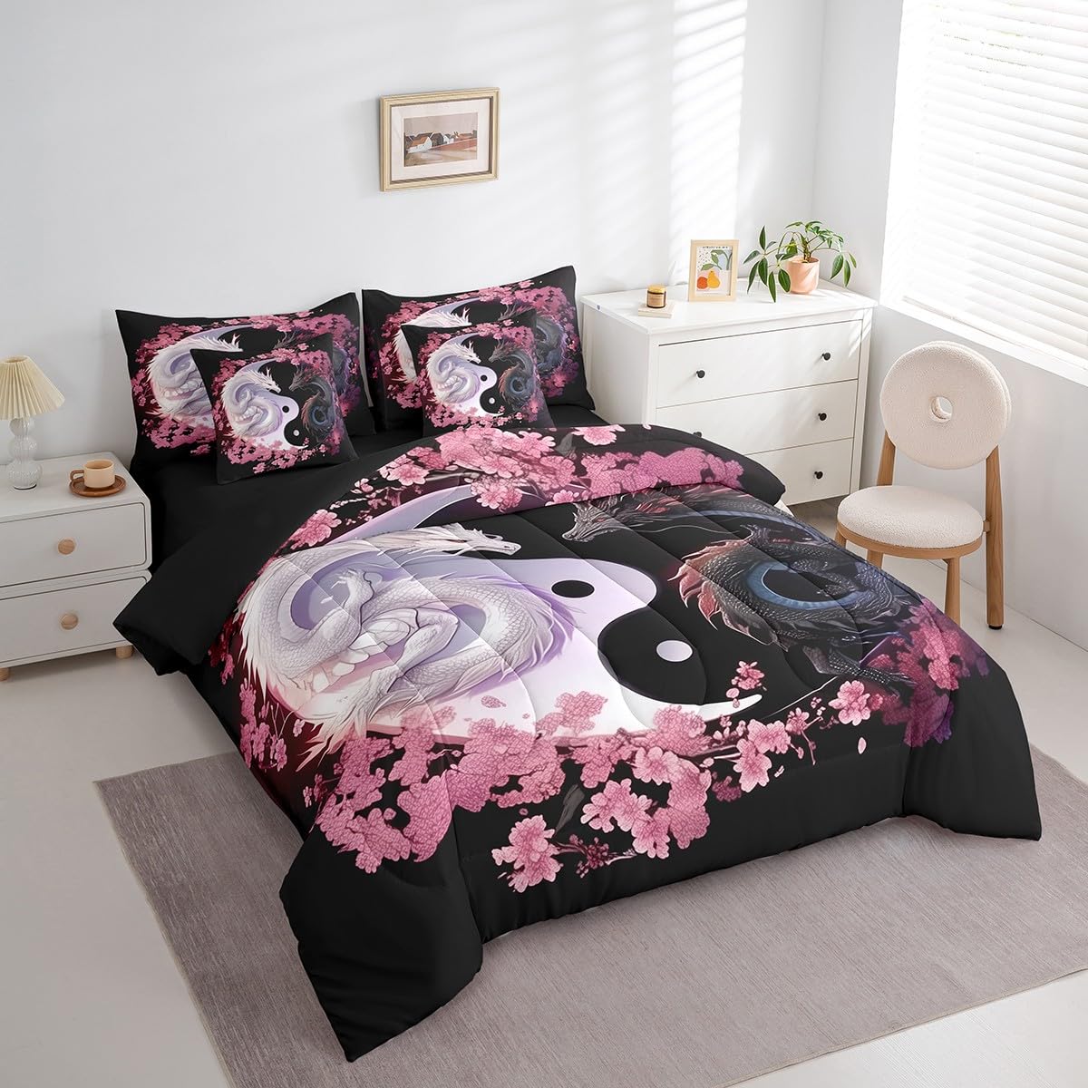 Feelyou Dragon Bedding Set Queen Size Yin Yang Comforter Set 7 Pieces Cherry Blossoms 3D Dragon Ancient Wildlife Couple Lover Bed in a Bag for Romantic Bed Set with Comforter, Sheet Set, Pillowcases