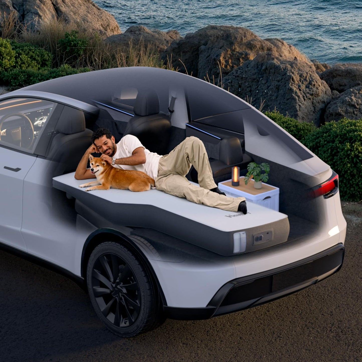 Havnby FlatCore Backseat Solo Mattress for Tesla Model Y, Wedge Design & 6.7-Inch Hybrid Support for Flat Car Bed, Portable Camping Mattress w/Built-in Pump for Campers, Hiking, Nap, Road Trip
