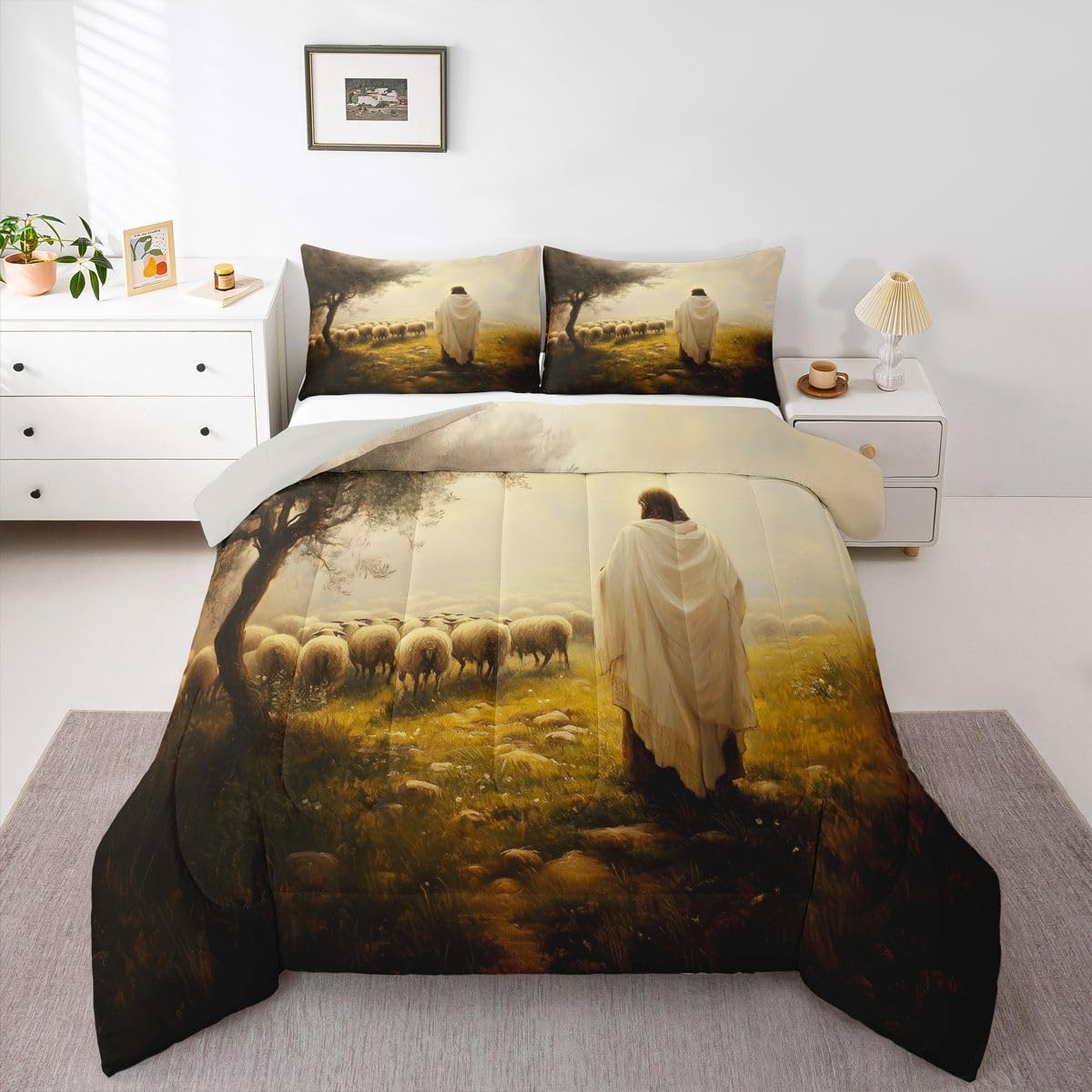 Manfei God and Lamb Girls Bedding Set Twin Size,Spiritual Western Belief Comforter Set,Modern Artwork Bible Verse Quilt Comforter Girls Boys Teens,Yellow Beige Room Decor All Season,1 Pillowcase