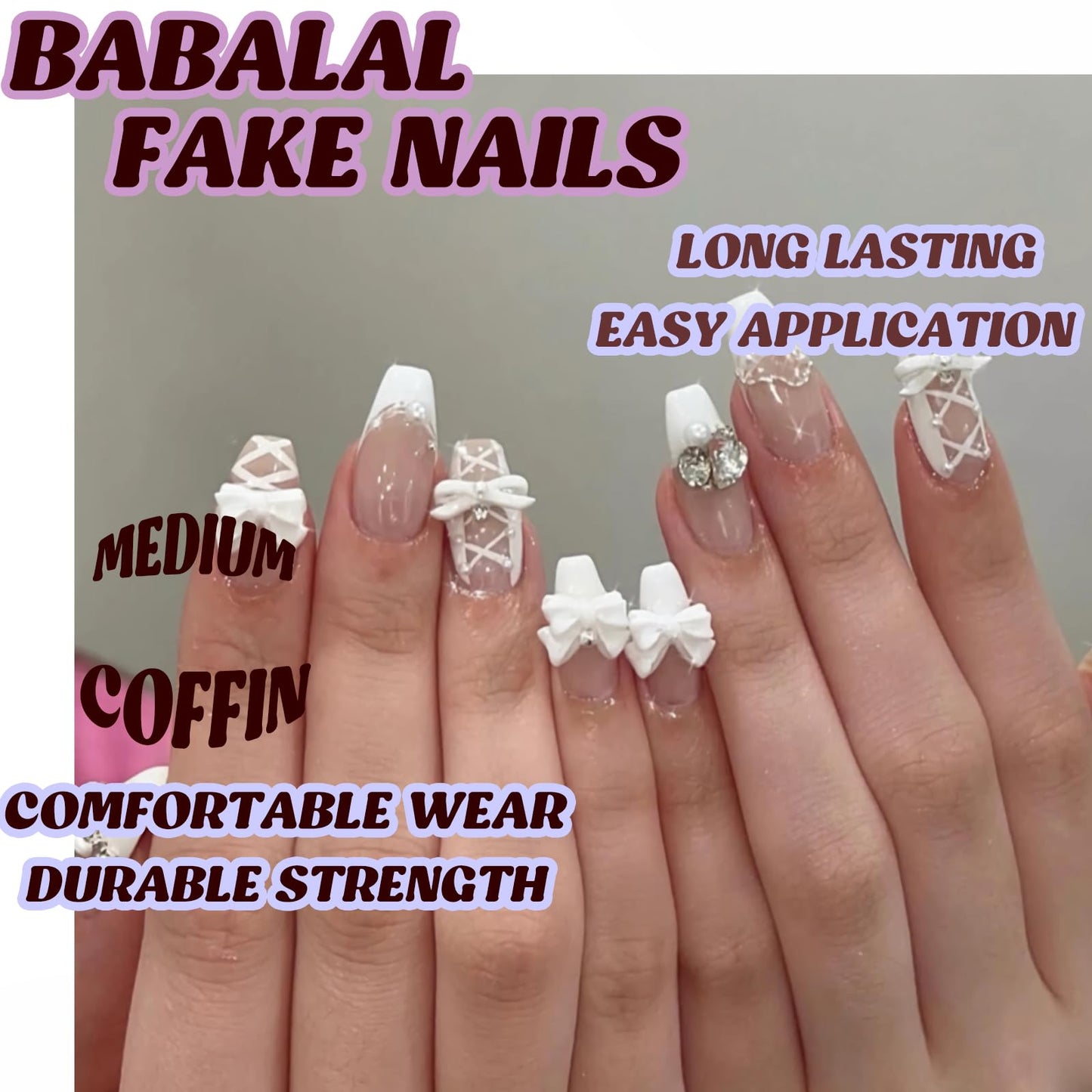 BABALAL Acrylic Press on Nails Medium Coffin Fake Nails - White French Tip, Bow Charm & Shiny Rhinestone Luxury Design, Handmade Manicure 24Pcs Full Cover False Nails