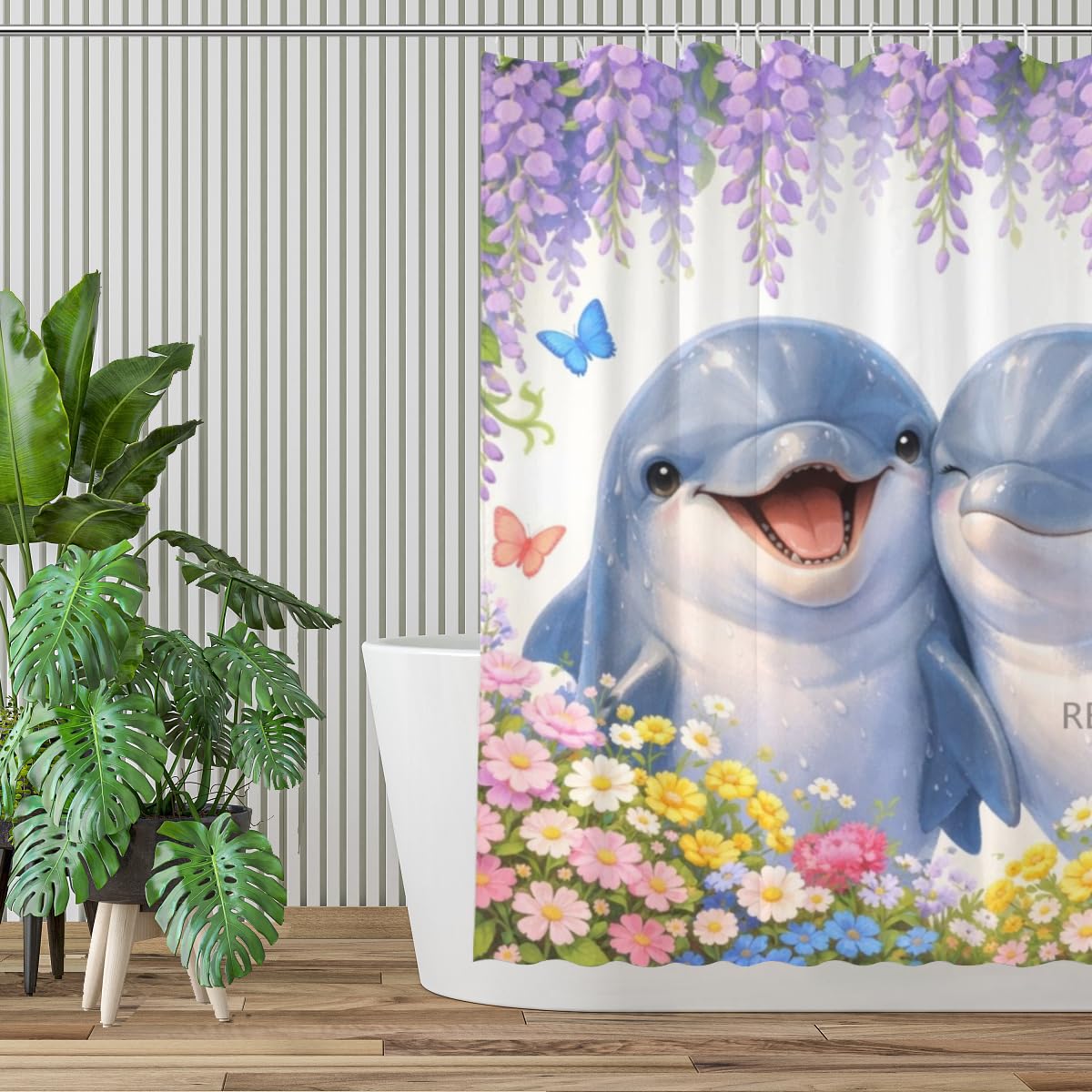 REZHOCH Fun Dolphin Shower Curtain 72x72Inch,Floral Home Bathroom Decor Spring Summer Garden Flowers Wisteria Rose Butterfly,Cute Animal Waterproof Fabric Bath Set with Hooks