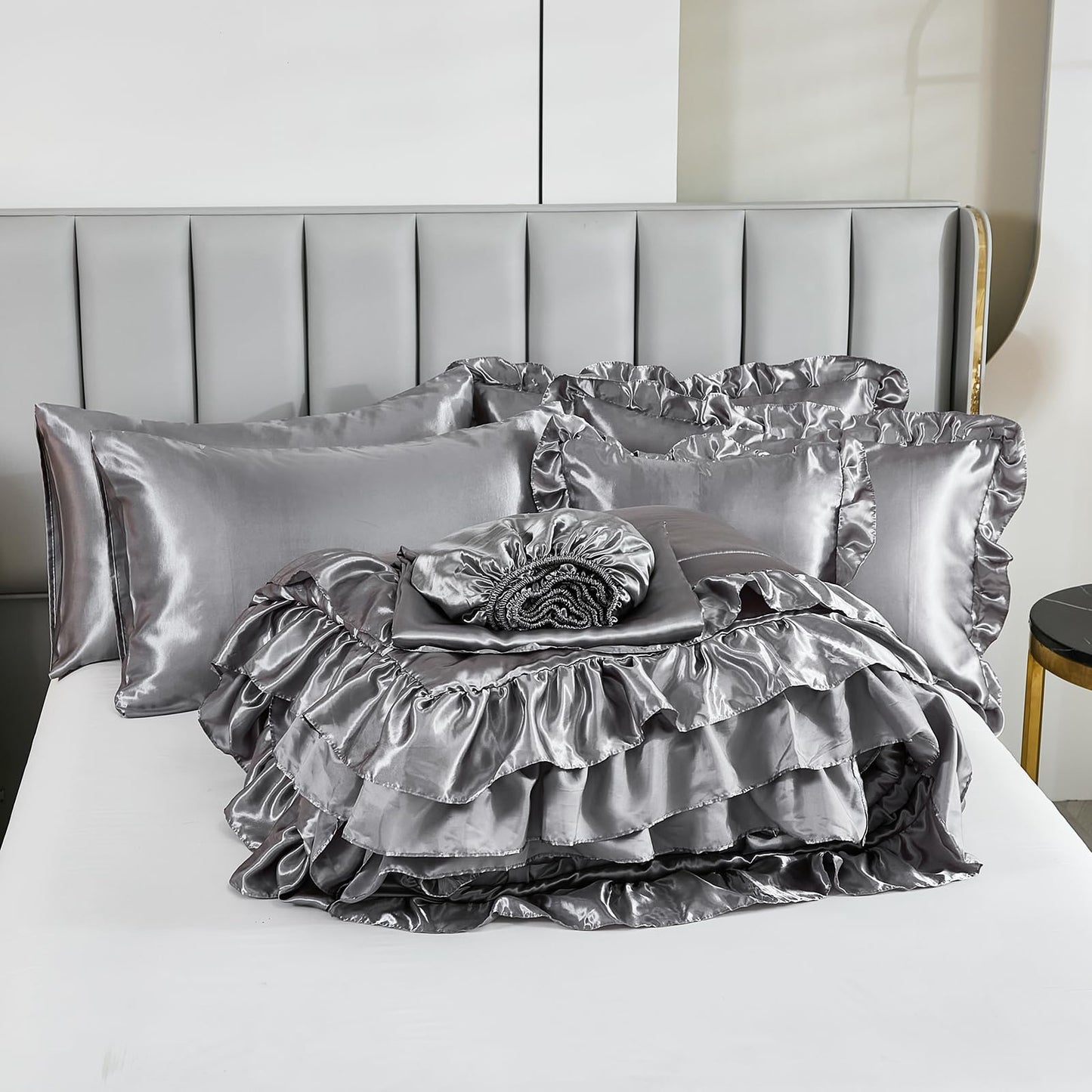 Grey Satin Comforter Set with Sheets,Silk Like Satin Ruffle Bed Duvet Set,Silky Luxury Bed in a Bag King Bedding Set 8 Pcs,1 Comforter,4 Pillowcases,1 Flat Sheet,1 Fitted Sheet,1 Cushion Cover