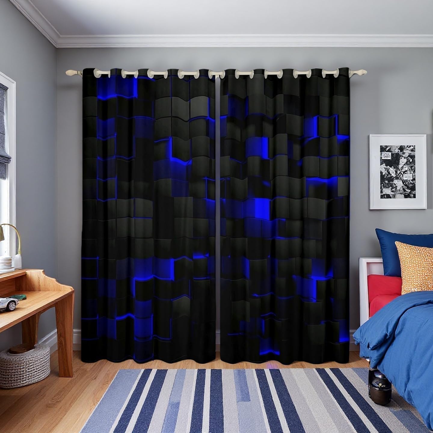 Erosebridal Geometric 50% Blackout Curtains 38" Wx45 L Black Navy Royal Blue Window Curtains for Boys Men Gamer Room Decor,Neon Abstract Stereoscopic Check Grid Plaid Window Drapes 2 Panels