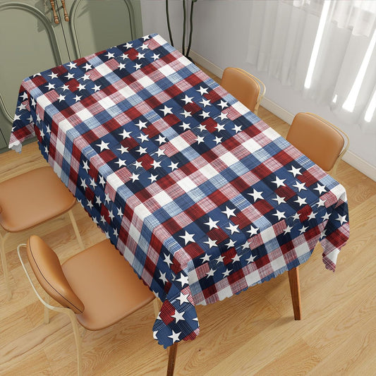 XYJFZL American Stars Table Cloth Red White Blue Plaid Patriotic Rectangle Tablecloth Picnic Table Cover BBQ Table Cloths Polyester for Kitchen Coffee 52 x 70 Inch 4-6 Seats