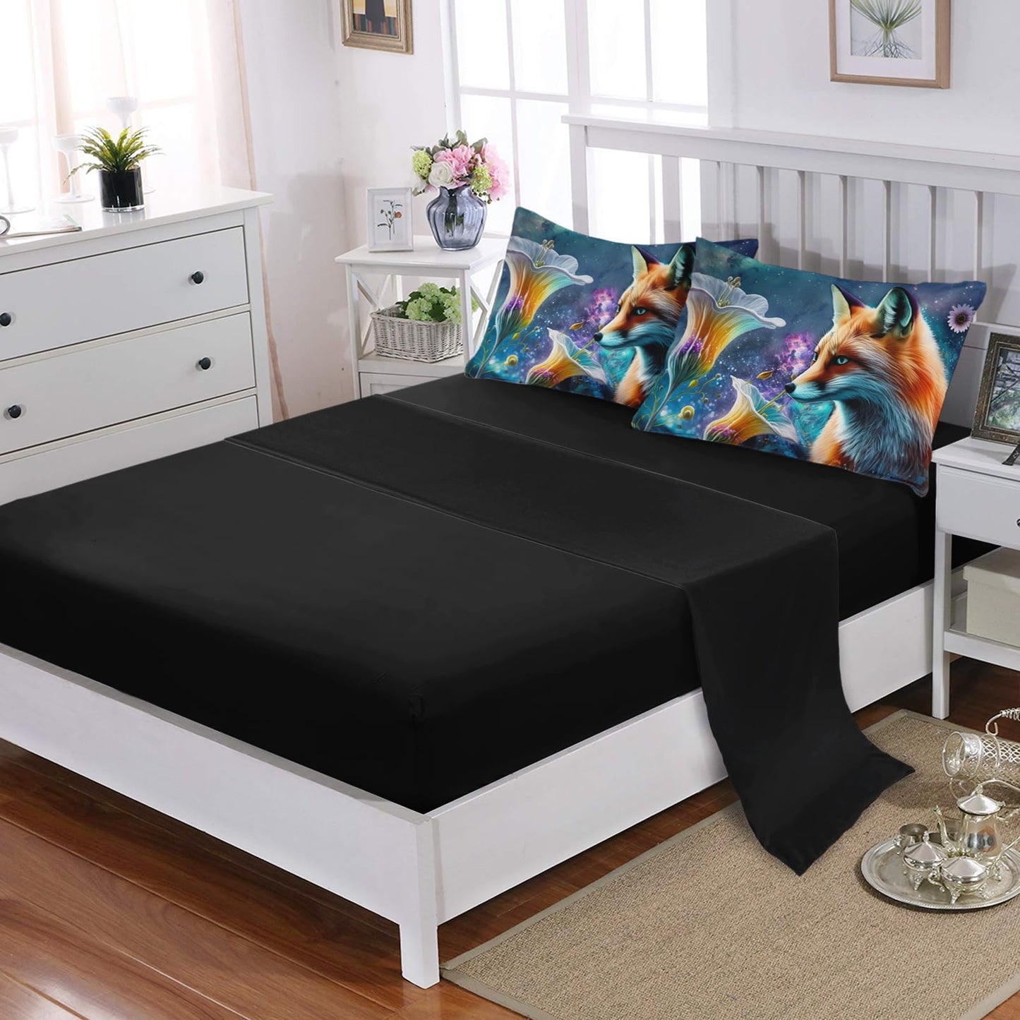 AILONEN Cute Fox Comforter Set Full 7-Piece Galaxy Flower Fox Bed in a Bag for Kids Boys,Soft Comforter & Fitted Sheet with Flat Sheet,2 Pillowcases,2 Pillow Shams