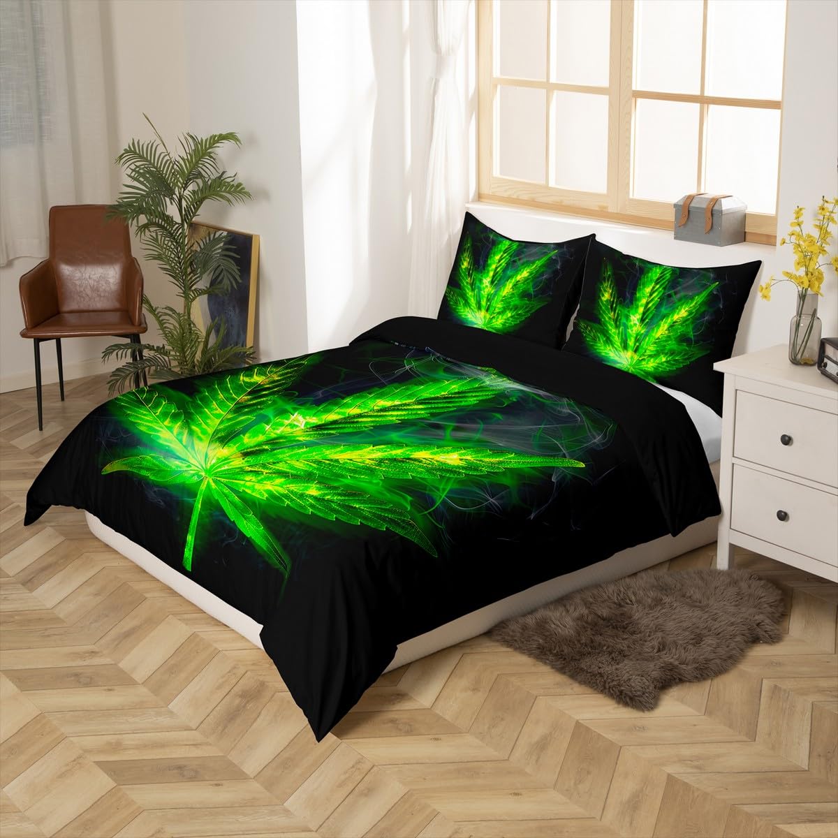 Erosebridal Bohemia Leaves Duvet Cover, Boho Plant Leaf Comforter Cover Queen Size for Kids Teens Adult, Bohemia Vibrant Green Bedding Set Bedroom Decor with 2 Pillow Cases, Green Black