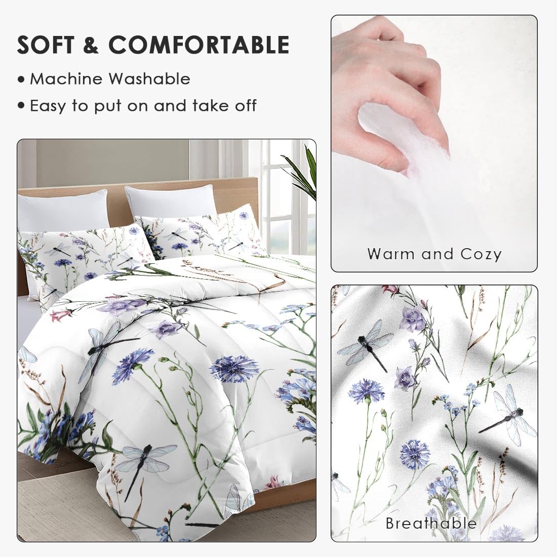 WeCozy Queen Size Comforter Set with 2 Pillowcases, Wildflower Botanical Herb Plant Leaf Floral Flower Painting Dragonfly Soft 3 Pcs Bedding for Kids and Adults Bedroom Bed Decor