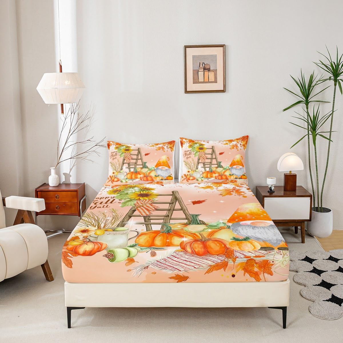 Happy Fall Gnomes Bedding,Thanksgiving Pumpkin Bed Sheets Queen Fall Home Room Decor,Autumn Natural Harvest Season Fitted Sheet + Flat Sheet + 2 Pillow Cases,Rustic Maple Leaf Sunflower Sheet Set