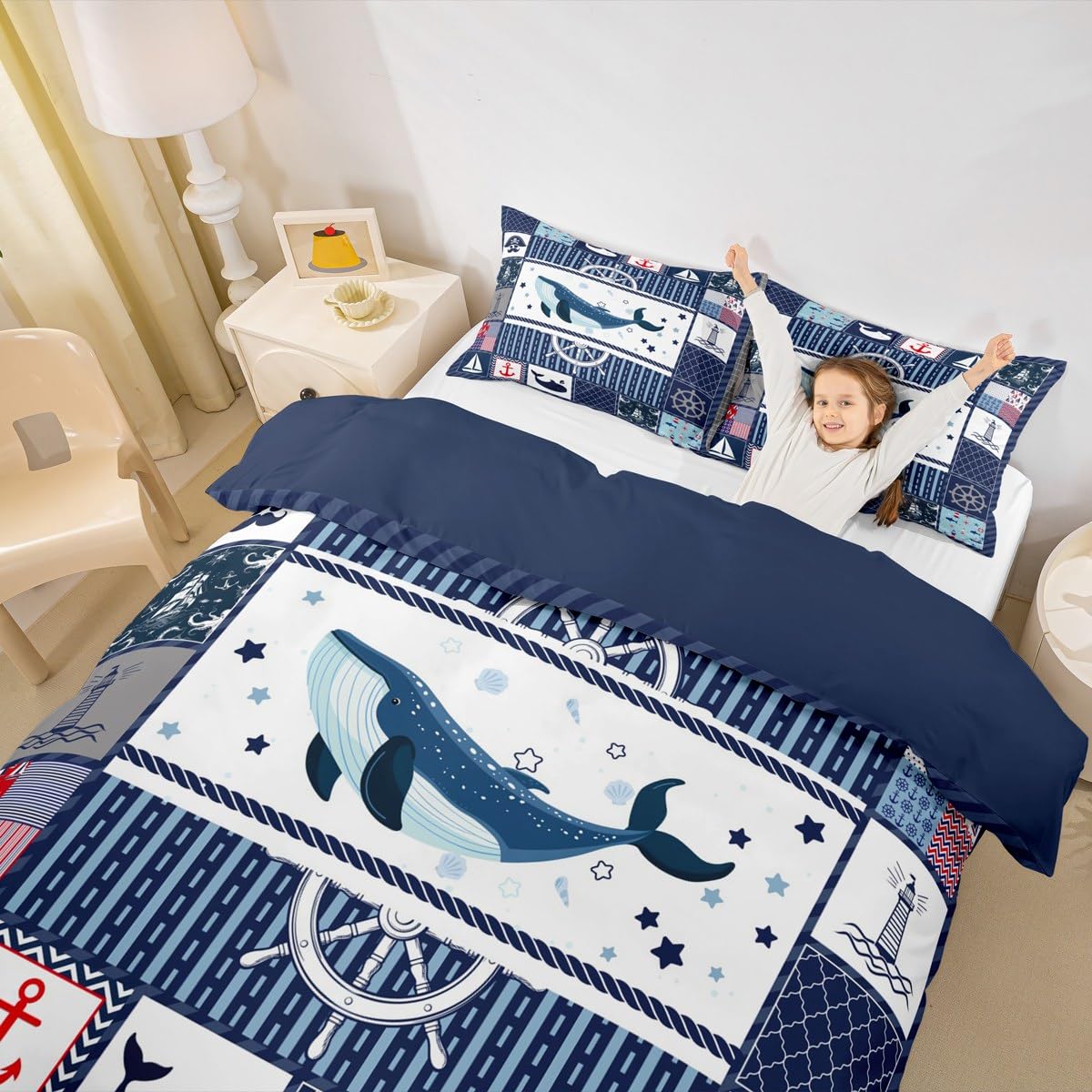 Homewish Sea Whale Duvet Cover Set Full Size,Nautical Anchor Ship Rudder Plaid Comforter Cover with 2 Pillowcases,Navy Blue Ocean Geometric Breathable Bedspread for Boys Teens,Pillow Sham