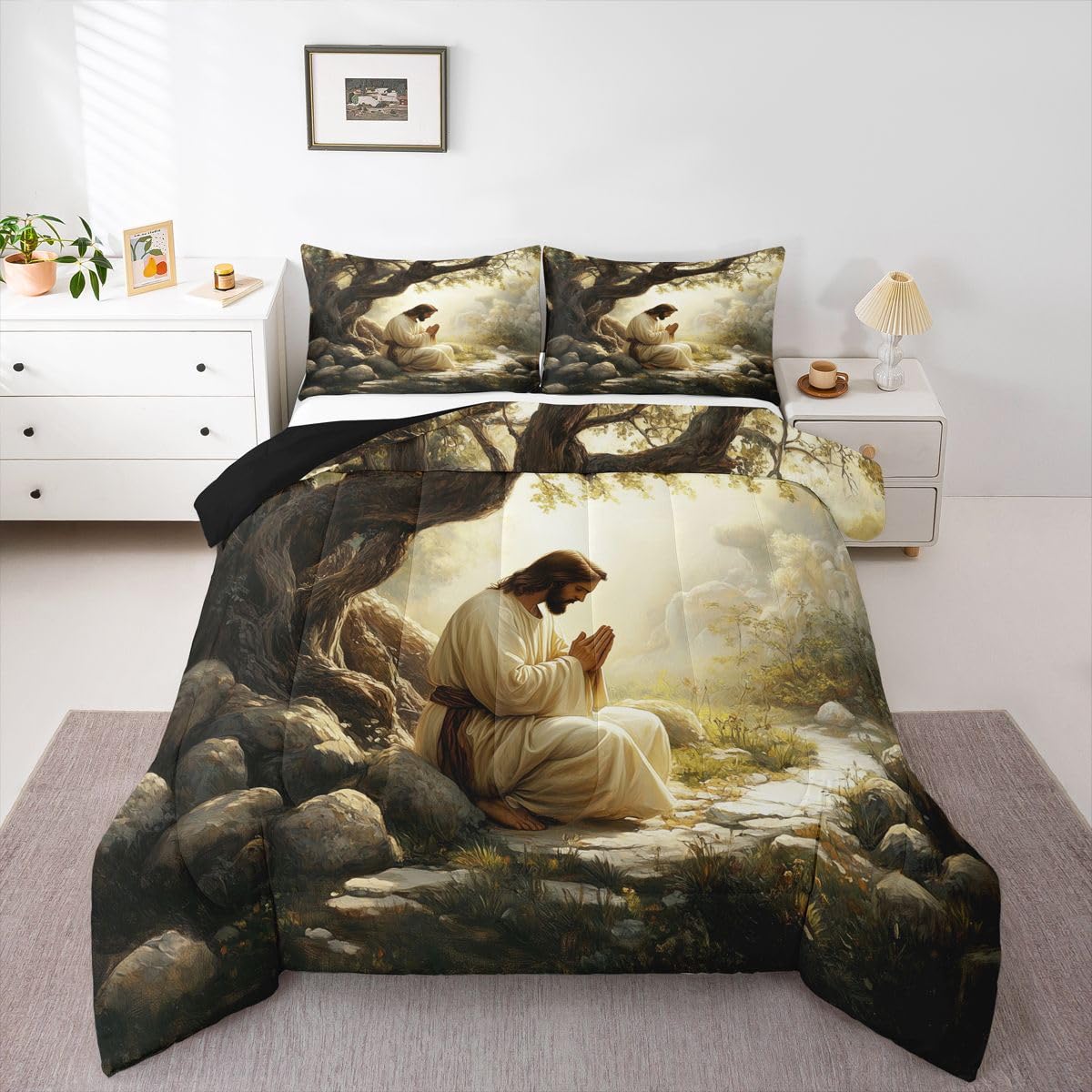 God Praying Kids Comforter Set Twin Size,Spiritual Western Bible Verse Bedding Set Boys Girls Room Decor,The Garden Of Gethsemane Quilt Comforter,Gray Yellow Duvet Set Bedroom Quilt Set,1 Pillowcase