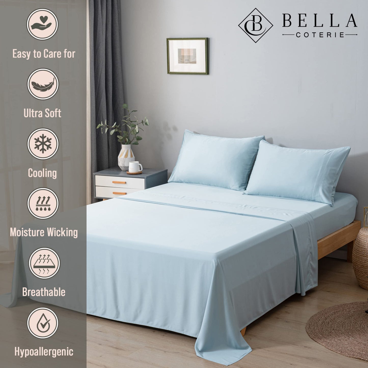 Bella Coterie Luxury Bamboo Viscose Queen Size Sheet Set | 100% Organically Grown | Ultra Soft | Cooling for Hot Sleepers | 18" Deep Pocket [Coastal Blue]
