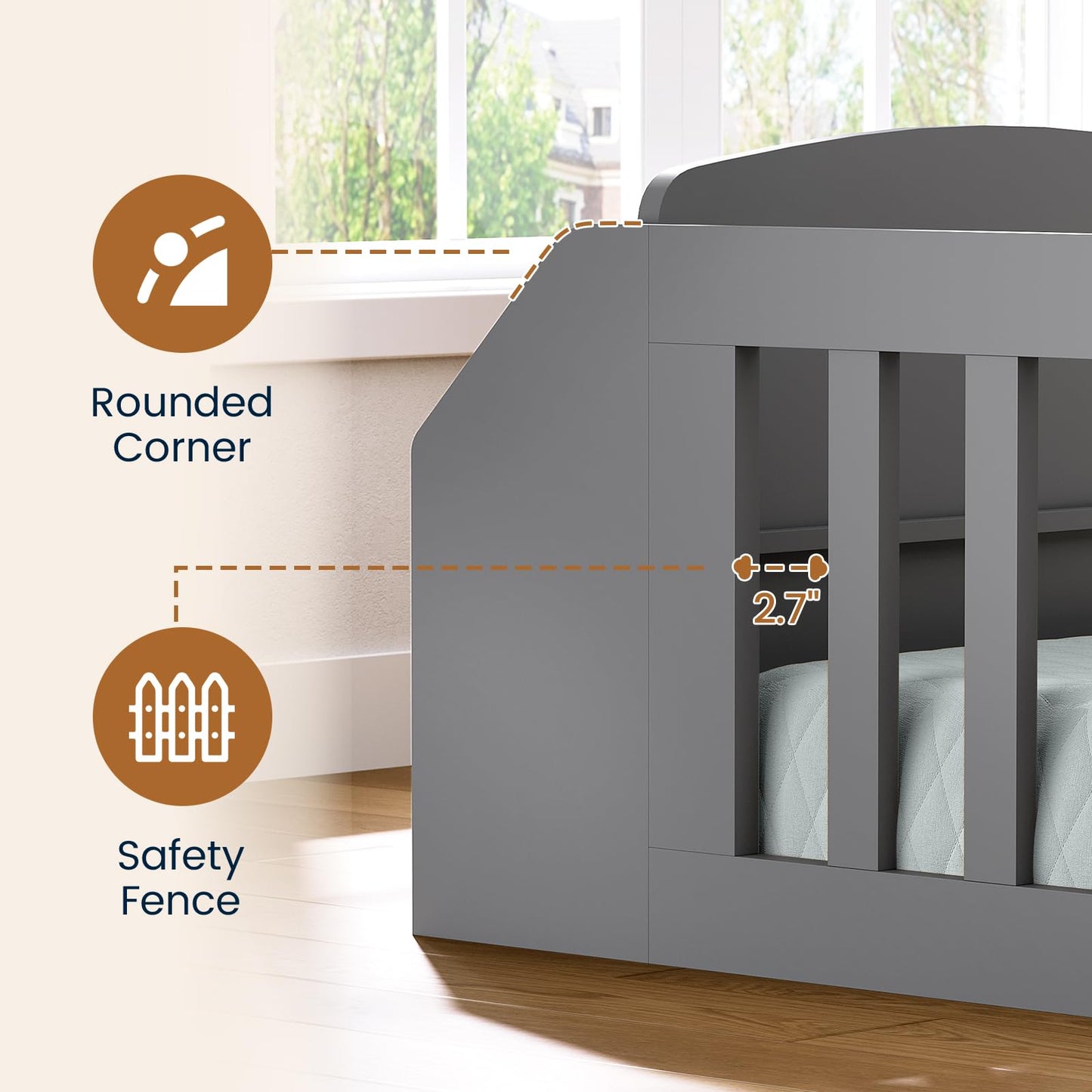 AOGLLATI Full Size Floor Wooden Montessori Bed Frame for Kids Boys Girls with 4 Fabric Drawers, Both Sides Bookshelves, 2-Tier Side Shelf, Side Pockets and Rails, Without Slats, Grey