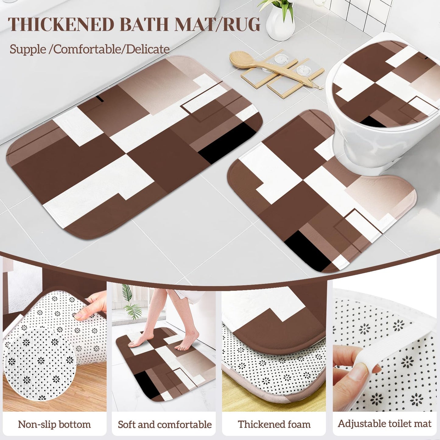KINUUIS 4 Pcs Brown Geometric Bathroom Shower Curtain Sets with with Toilet Lid Cover and Non-Slip Rugs,Brown Bathroom Decor Sets with Shower Curtain and Rugs for Bathroom