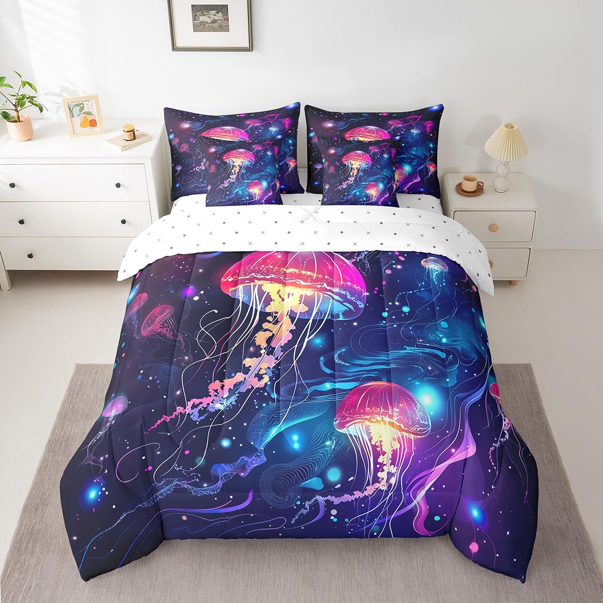 jejeloiu Jellyfish Comforter Set 7 Pieces Full Size Kids Ocean Creature Themed Bed in a Bag for Boys Girls Sea Bedding Set Marine,Comforter + Sheets + Pillowcases + Cushion Covers