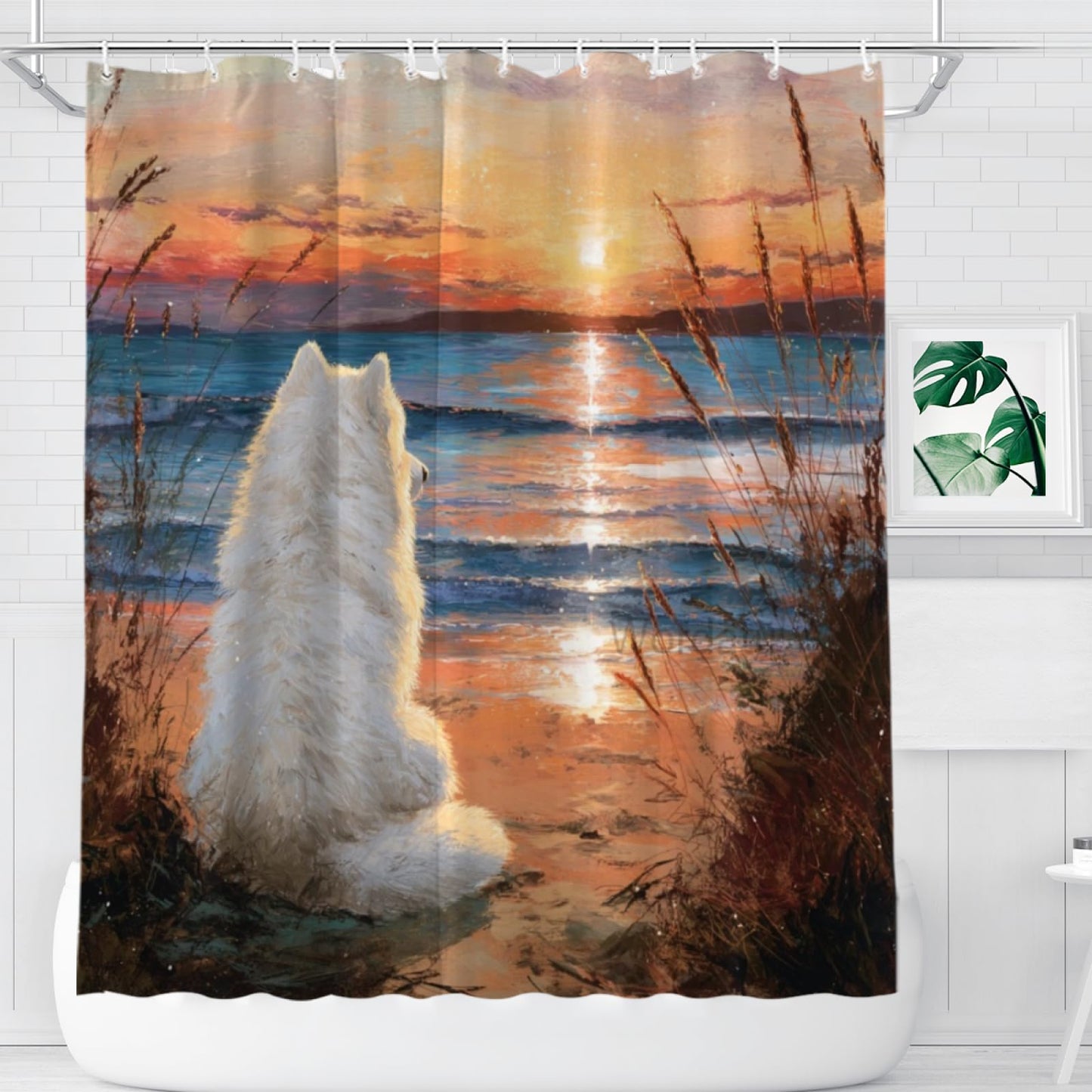 Wordatu Samoyed Shower Curtain on Sunset Sunrise Beach Seascape Art Shower Curtain Set, Nautical Ocean Bath Accessories Coastal Seaside Bathroom Decor 72x72 Inches