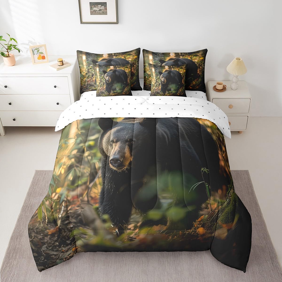Erosebridal Black Bear Bedding Sets 7 Piece Twin 3D Wildlife Print Comforter Set for Teens Adults Farmhouse Woodland Bear Quilt with Flat Fitted Sheet Nature Jungle Animal Bed in A Bag,Black