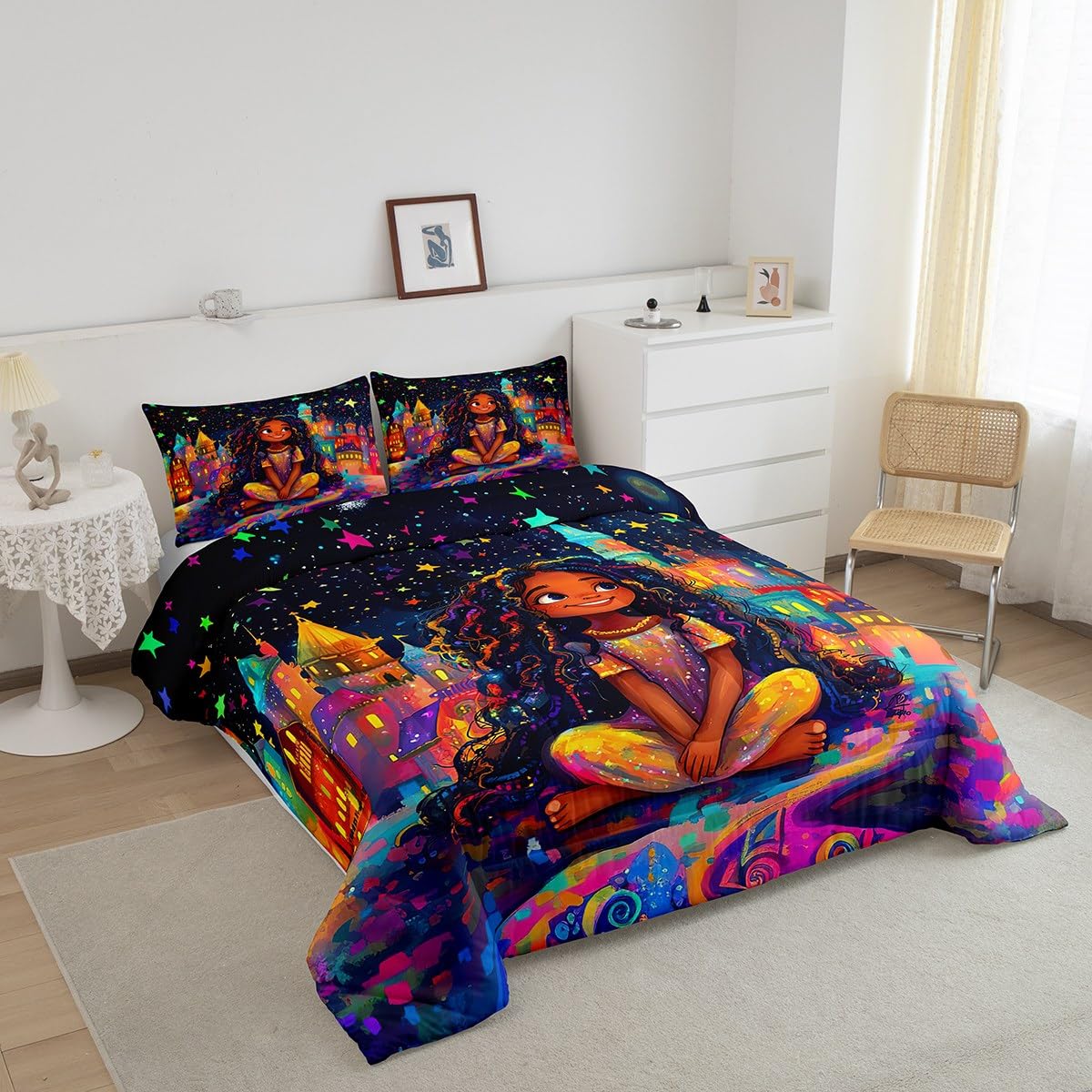 jejeloiu Kids Cute Black Girl Comforter Set Queen Size Castle Star Print Bedding Set for Boys Girls African American Girl Duvet Set Quilt Set,1 Comforter+ 2 Pillow Shams（No Glitter）