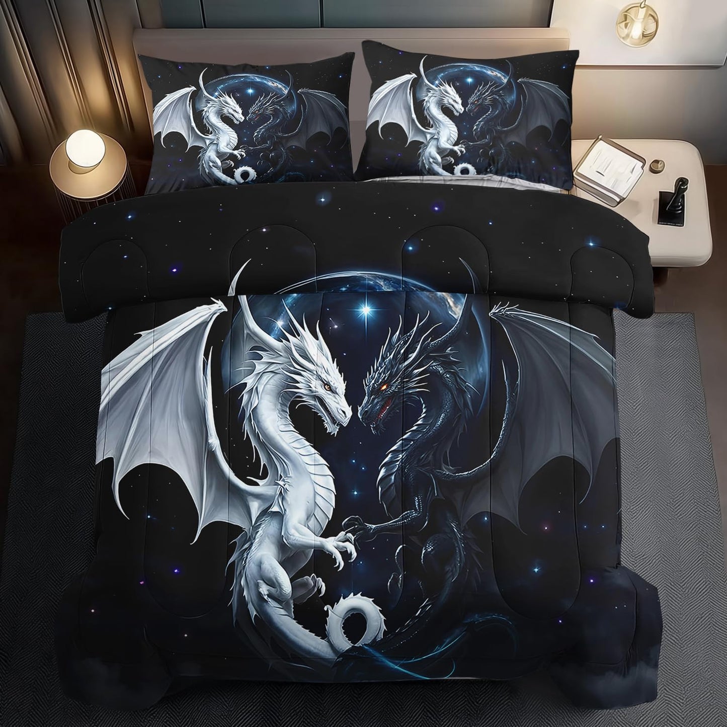 llyxsesty Black and White Dragon Comforter Set Queen for Boys Black Dragon Bedding Set Boys Gemini Universe Comforter Queen Quilt Animal Bedding Space Bed Decor Animal Home Decor