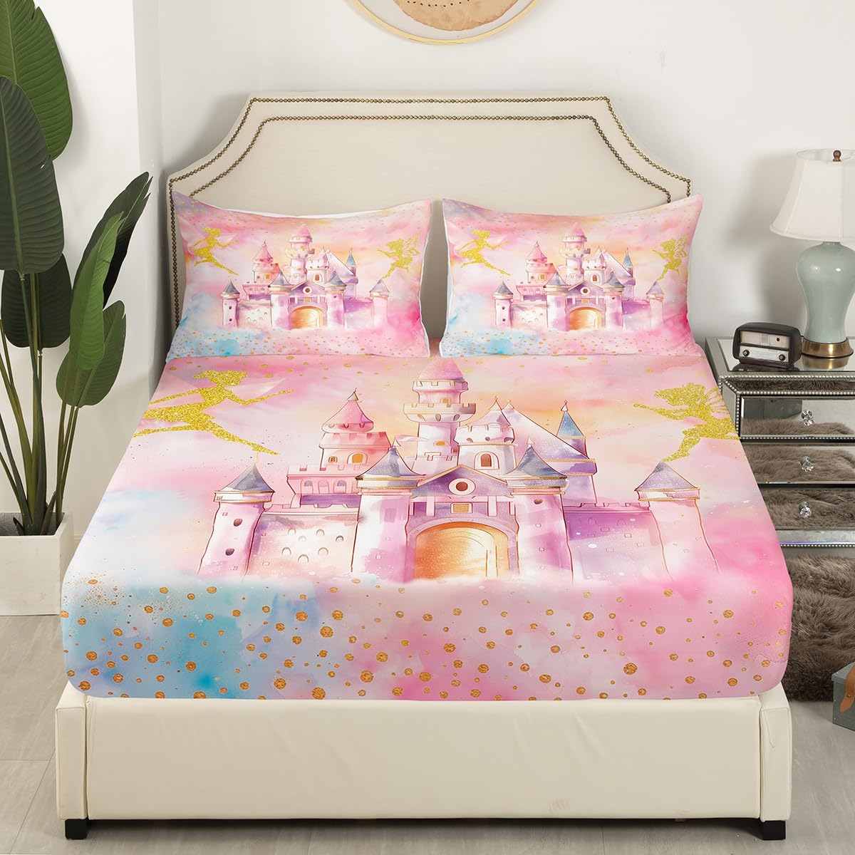 Erosebridal Pink Castle Twin Bedding Set,Cute Dreamy Fairy Fitted Sheet for Girls Teen Kids,Coquette Sweet Princess Bed Set,Kawaii Girly Bed Sheets 2Pcs Room Decor (No Flat Sheet)