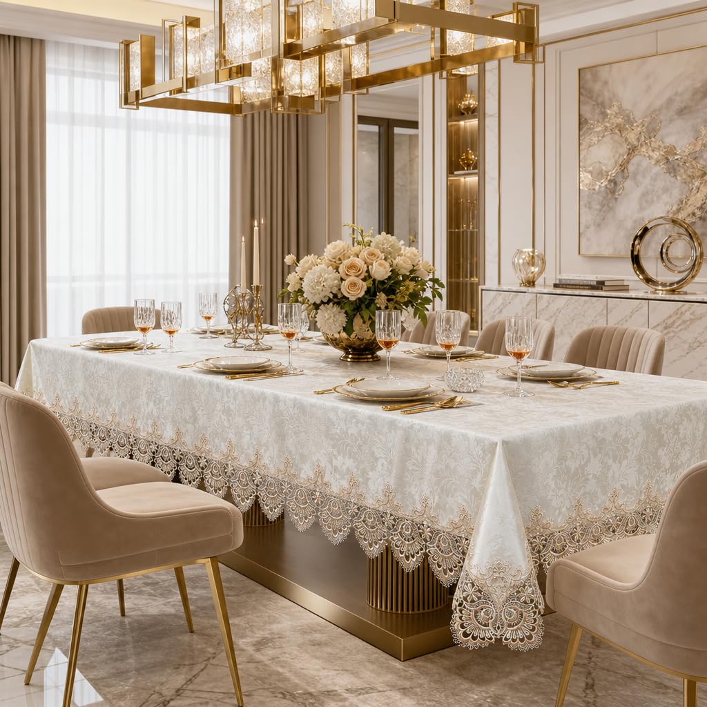 ARTABLE Lace Table Cloth Rectangle Modern Decor Macrame Tablecloth Contemporary Damask Table Linen for Outdoor Farmhouse Rustic Kitchen Party Birthday Picnic (Light Brown, 60 x 140 Inch)