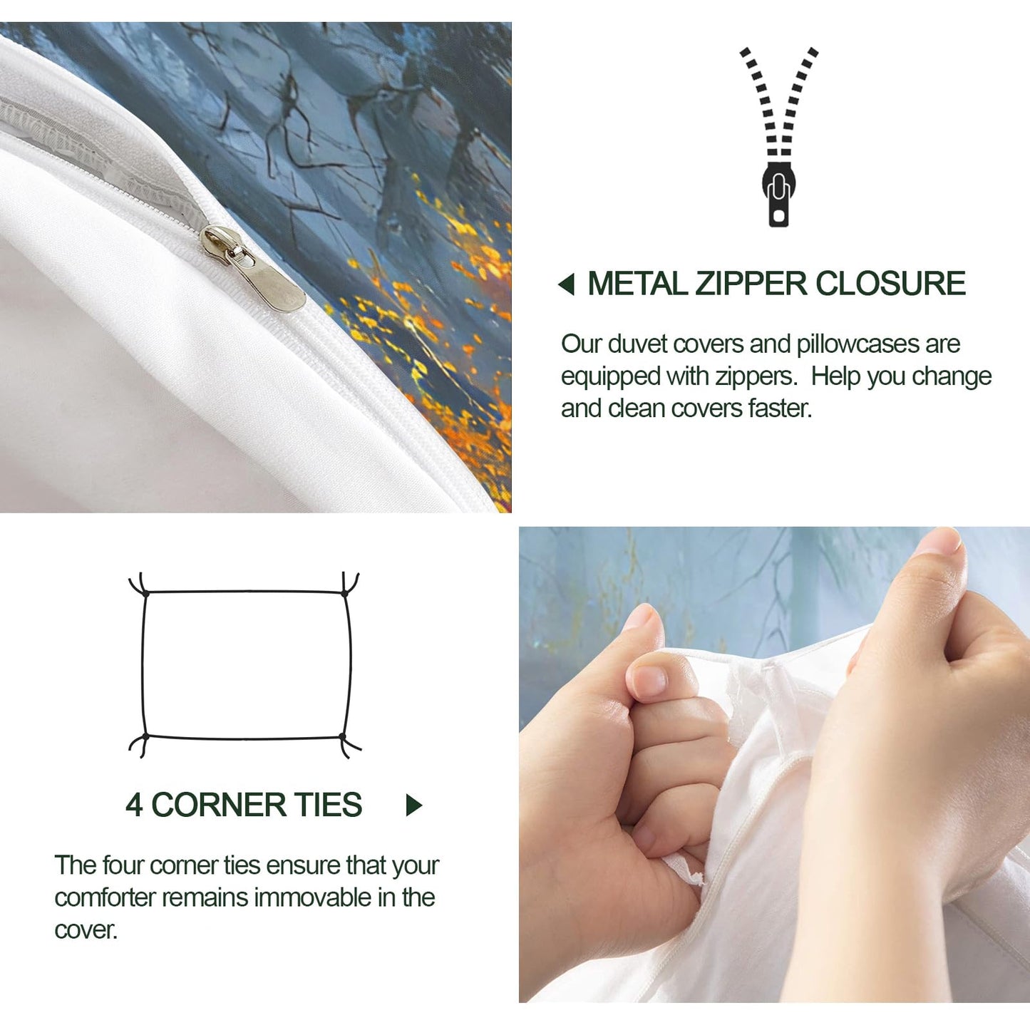 Misty Forest Duvet Cover 80" x 90", Forest Path Bedding Set, Natural Woodland Tree Comforter Cover with Zipper Ties
