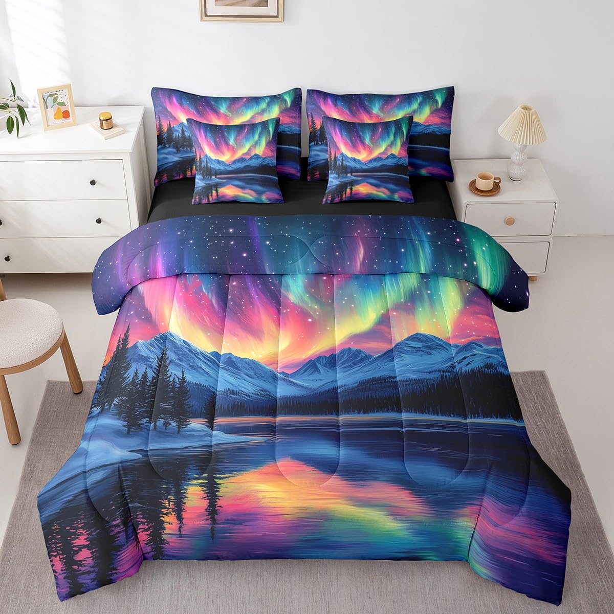 jejeloiu Mountain Lake Comforter Set with Sheets Twin Size Kids Aurora Starry Night Sky 7 Pieces Bedding Set for Boys Girls Teens Nature Landscape Bed in a Bag Breathable Galaxy Bed Set Room Decor