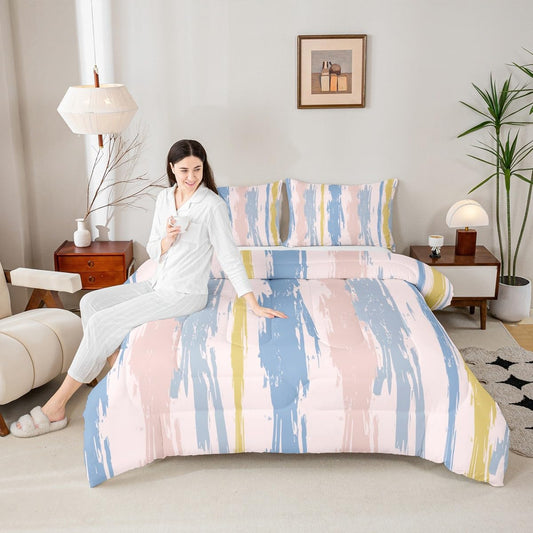 Erosebridal Pink Blue Striped Comforter Set King Size Modern Abstract Gold Bedding Set for Adults Teens Oil Painting Geometric Aesthetic Comforter Simple Watercolor Minimalist Quilt Bedroom Decor