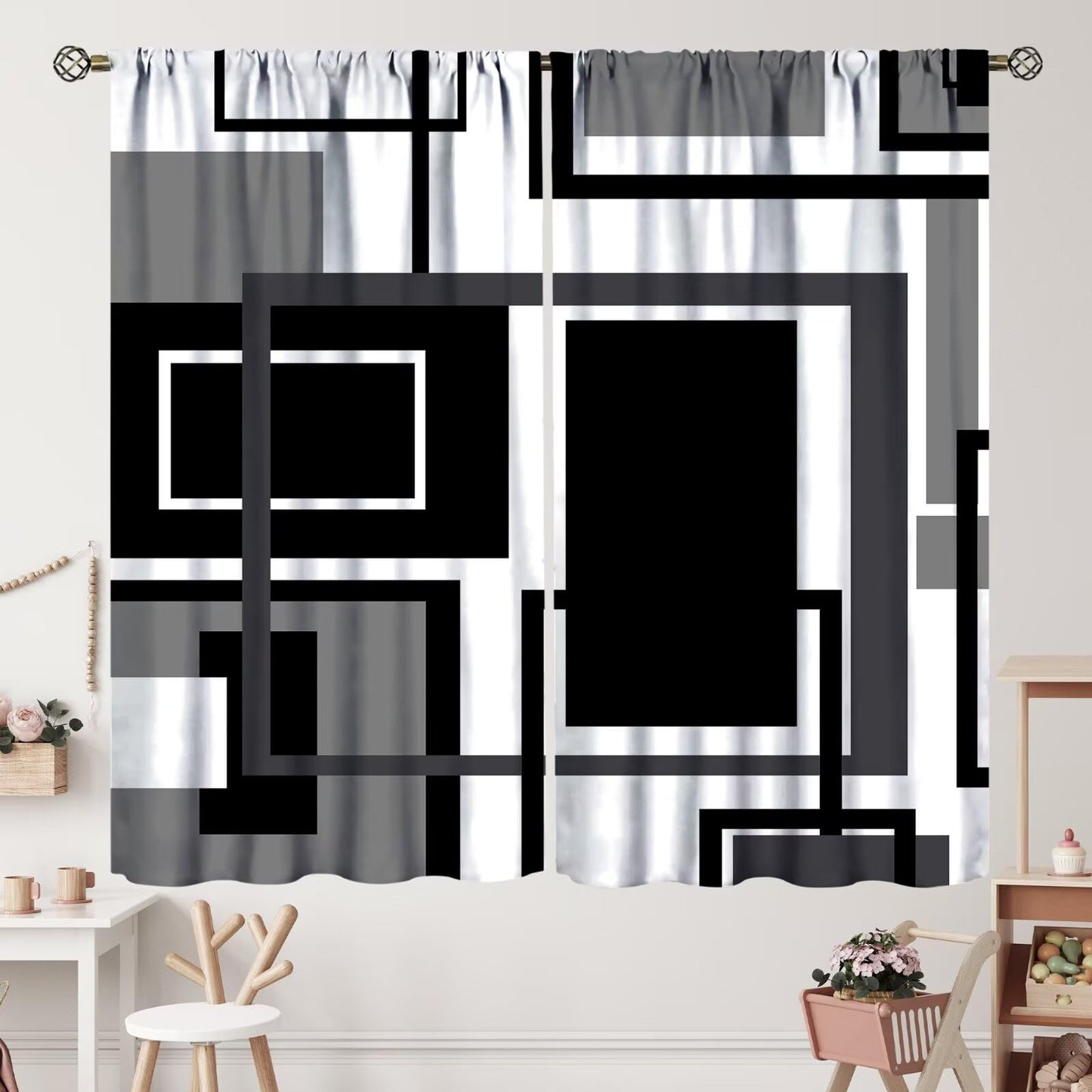 Black and White Curtains Modern Geometric Gray Abstract Black and Grey Blackout Rod Pocket Curtains for Bedroom Living Room Kitchen Decor Thermal Insulated Window Drapes 2 Panel Set 42x45 Inch