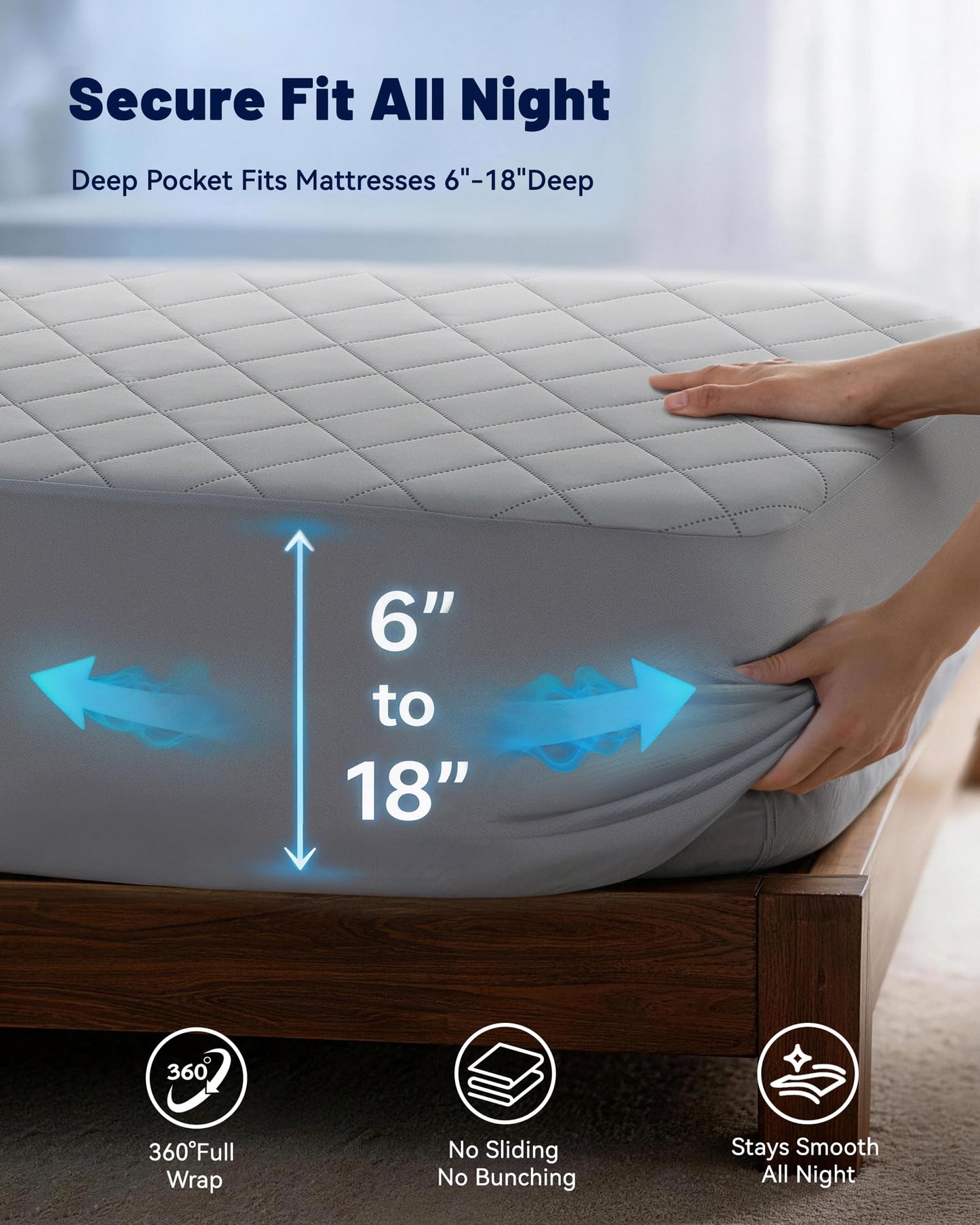 Welfibr Cooling Mattress Pad for Hot Sleepers Noiseless Mattress Protector Bed Cooling Pad 3X Breathable Mattress Topper Q-Max 0.45 Cool Touch, 3D Mesh Deep Pocket Bed Cooling Cover Grey Full