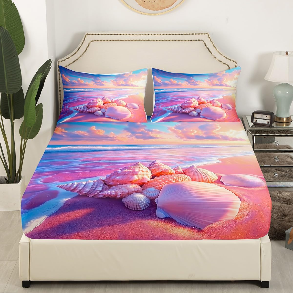 Feelyou Ocean Beach Bedding Sheets Full Pink Purple Beach Bed Sheet Set for Adult Kids Starfish Seashell Fitted Sheet Beach Theme Bed Cover 3Pcs,1 Fitted Sheet+2 Pillow Sham（No Flat Sheet）