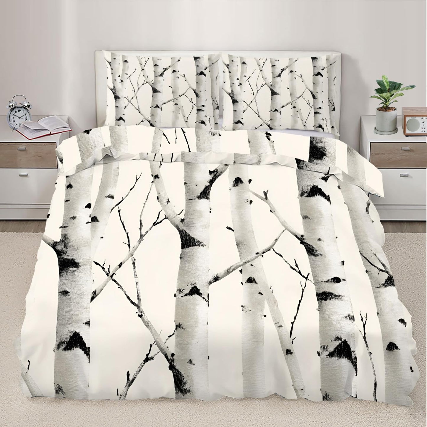QINYUN Birch Tree Duvet Cover Oversized King Size, Forest Bedding Set 3 Piece, Forest Seasonal Nature Woodland Comforter Cover 120x98 and 2 Pillow Sham with Zipper Closure