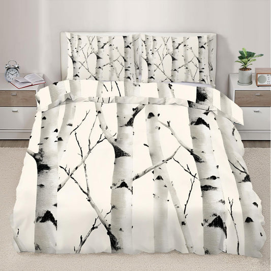 QINYUN Birch Tree Duvet Cover Oversized King Size, Forest Bedding Set 3 Piece, Forest Seasonal Nature Woodland Comforter Cover 120x98 and 2 Pillow Sham with Zipper Closure