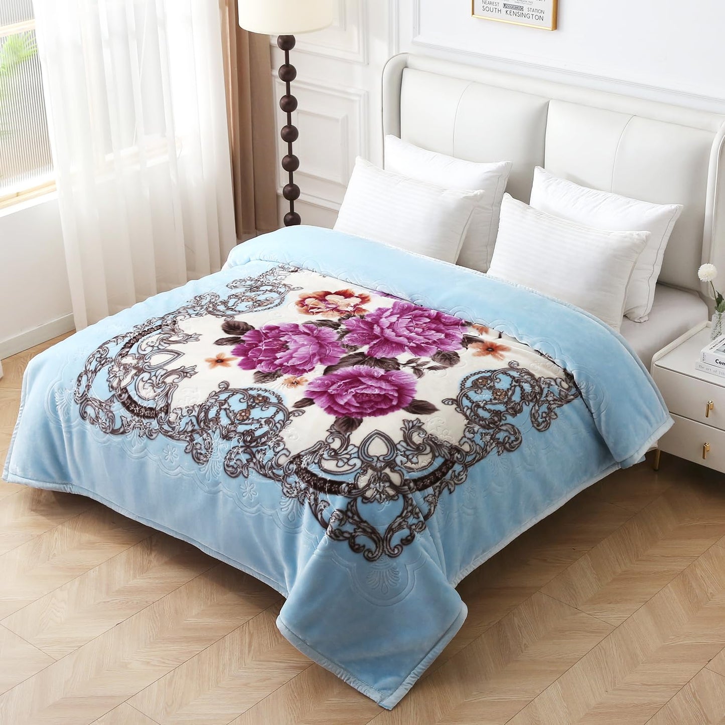 JYK Korean Style Mink Fleece Blanket Queen Size 75" x 87", 5 Pounds - 2 Ply Reversible Silky Soft Plush Warm, Comfy Blanket for Spring Autumn, Winter as Home Decor - Blue/Purple Peony