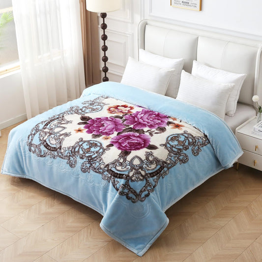 JYK Korean Style Mink Fleece Blanket Queen Size 75" x 87", 5 Pounds - 2 Ply Reversible Silky Soft Plush Warm, Comfy Blanket for Spring Autumn, Winter as Home Decor - Blue/Purple Peony