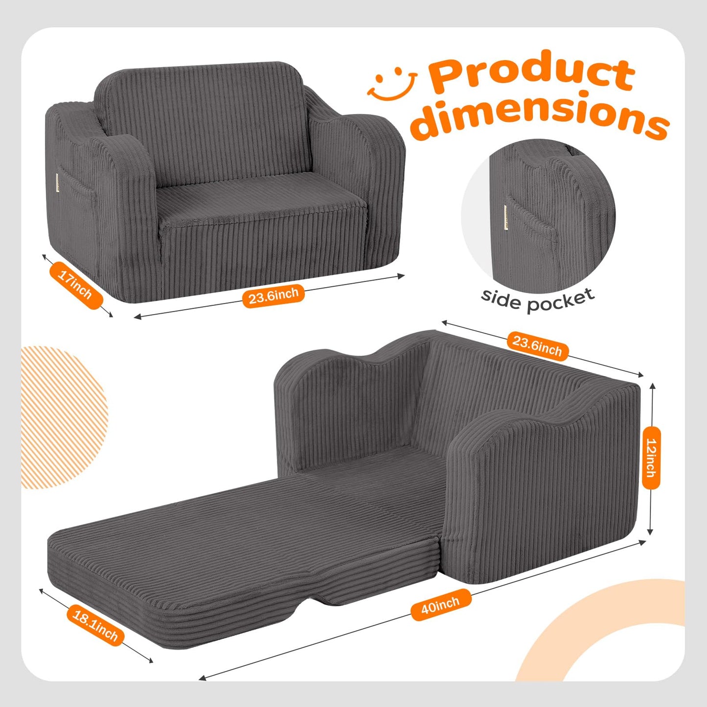 MeMoreCool Kids Chair Comfy for Ages 3+, Corduroy Kids Couch Fold Out, 2-in-1 Foldable Kids Armchair, Pull Out Children Sofa, Dark Grey