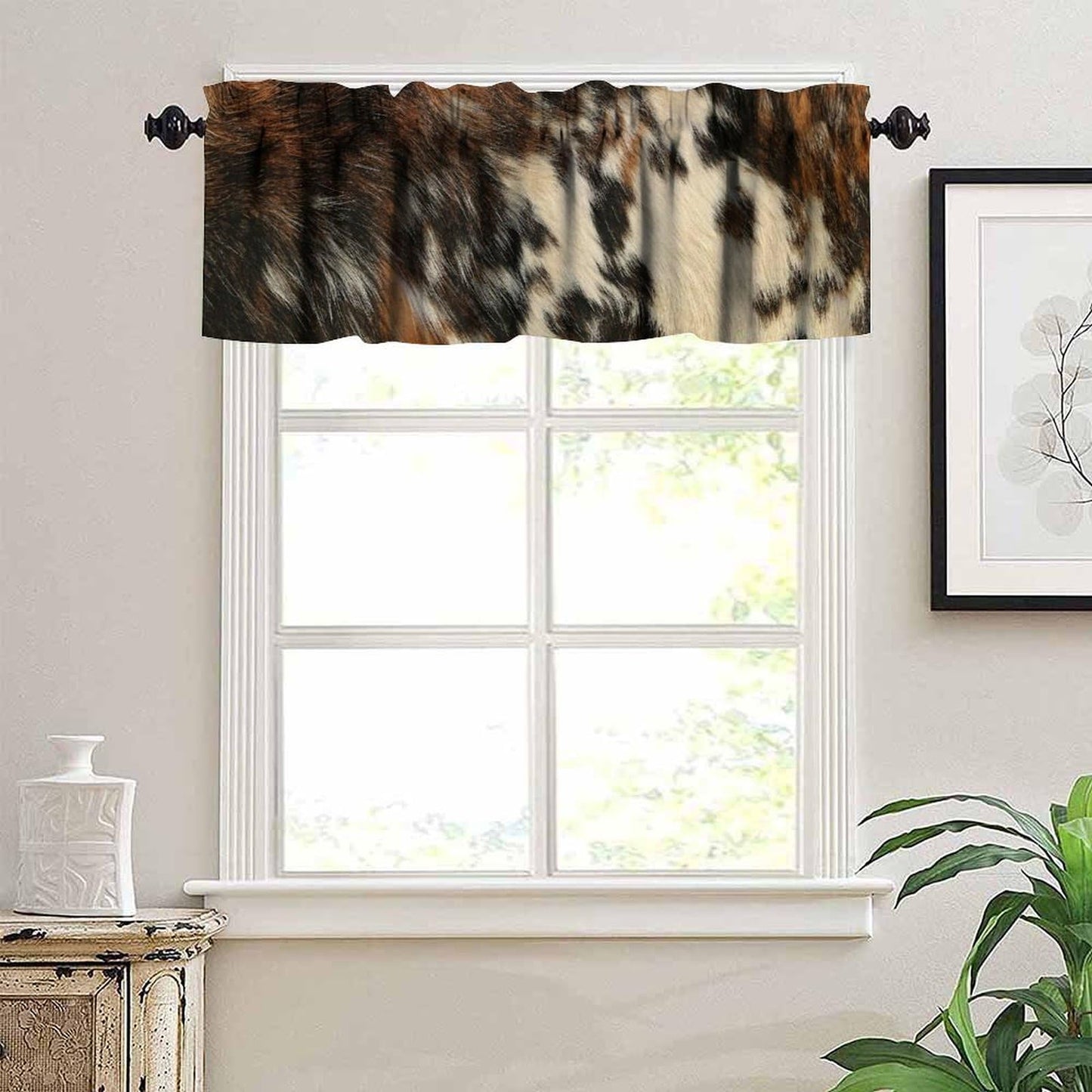 JanJCurt Brown Cowhide Valance, Rustic Vintage Western Farmhouse Highland Cow Fur Black Brown White Skin Print Short Blackout Window Drapes for Bedroom Kitchen, 54x18inch