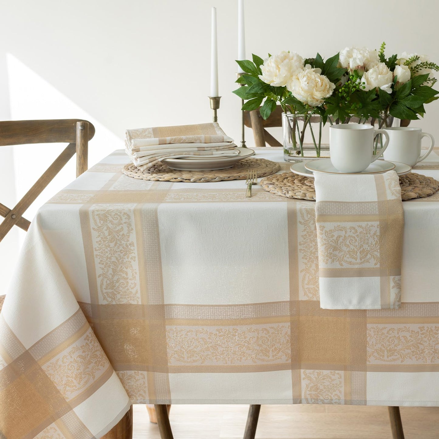 Benson Mills Heavyweight Jacquard Fabric Table Cloth with Gold Metallic Accents, Décor for Everyday, Parties, Holiday, Thanksgiving, and Christmas Tablecloth (Grandeur Glow, 60" x 84" Rectangular)