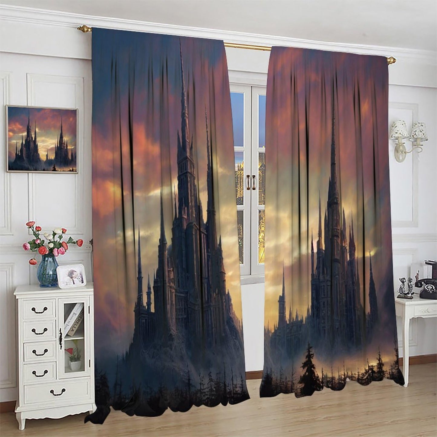 HZOHNAGO Castle Curtain Gothic Castle Dark Forest Pattern Print Decor Rod Pocket Window Drapes for Bedroom Living Room 42x45in