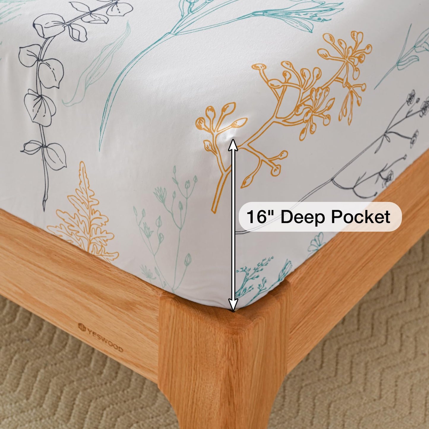 Yibeizi Floral Printed Sheet Set Queen, Boho Botanical Pattern Bed Sheets Microfiber Bedding Sheets & Pillowcases Soft 15" Extra Deep Pocket Fitted Bedsheet 4 Piece