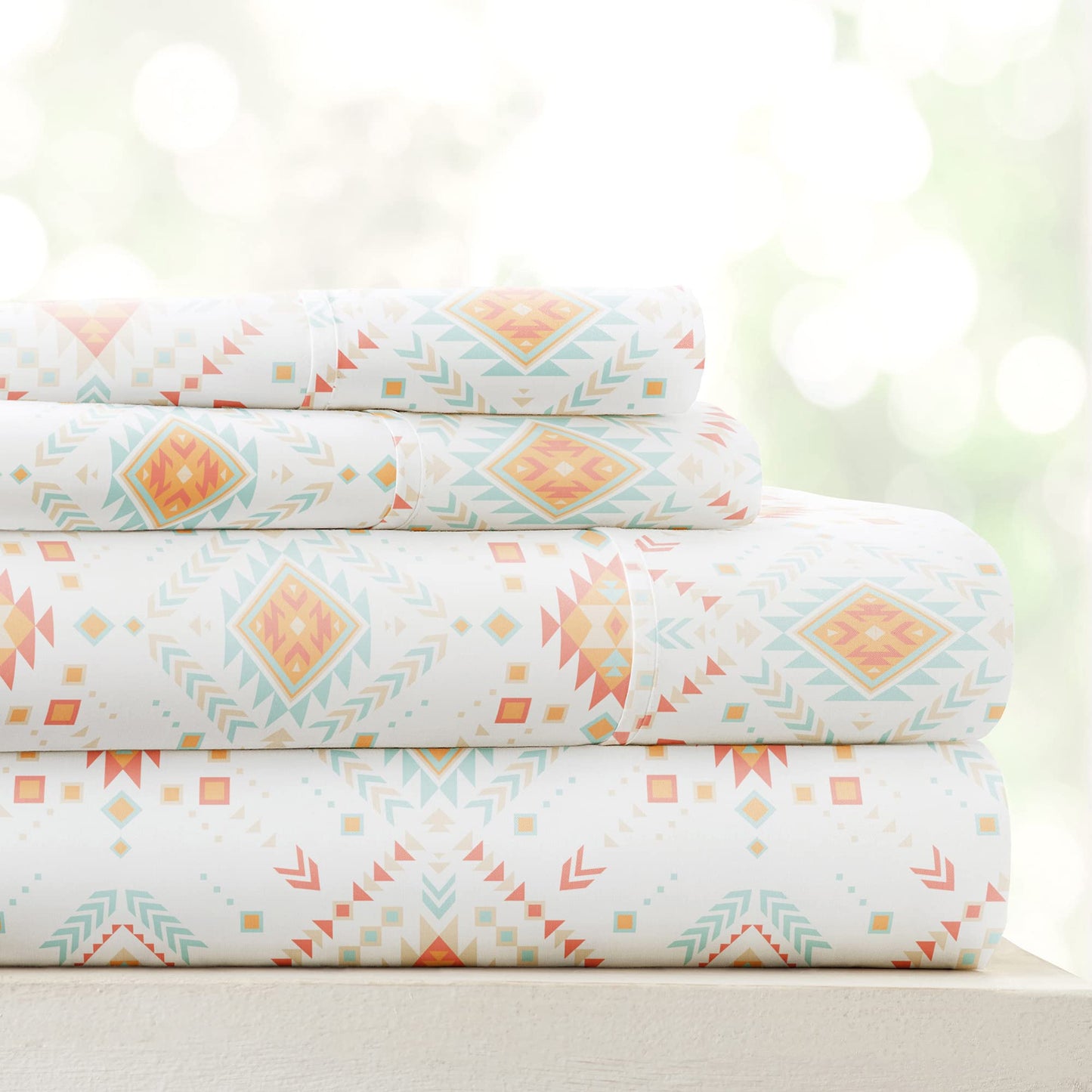 Linen Market Patterned Microfiber King Sheet Set 4 Piece – Oeko-TEX Certified Ultra Soft & Wrinkle-Free - 16" Deep Pocket Sheets - Easy Care King Size - Aztec Dreams Coral