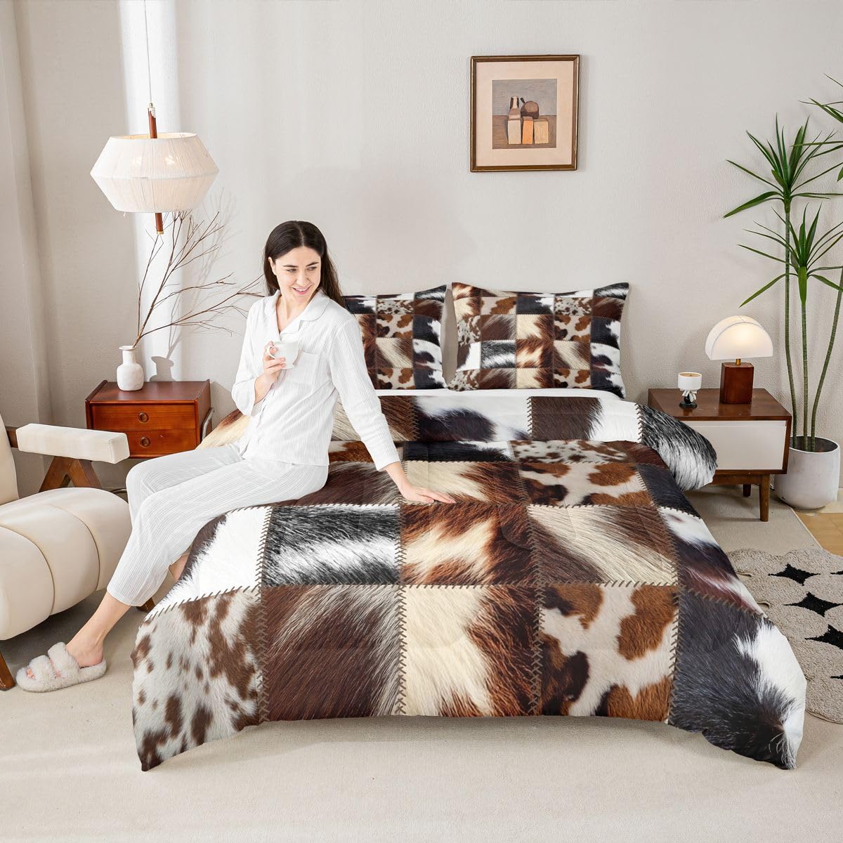 jejeloiu Cowhide Pattern Comforter Set Queen Size Cow Fur Print Bedding Set for Boys Girls Cowhide Patchwork Duvet Quilt Western Farm Animal Skin Bedroom Decor Microfiber 3 Pcs with 2 Pillow Cases