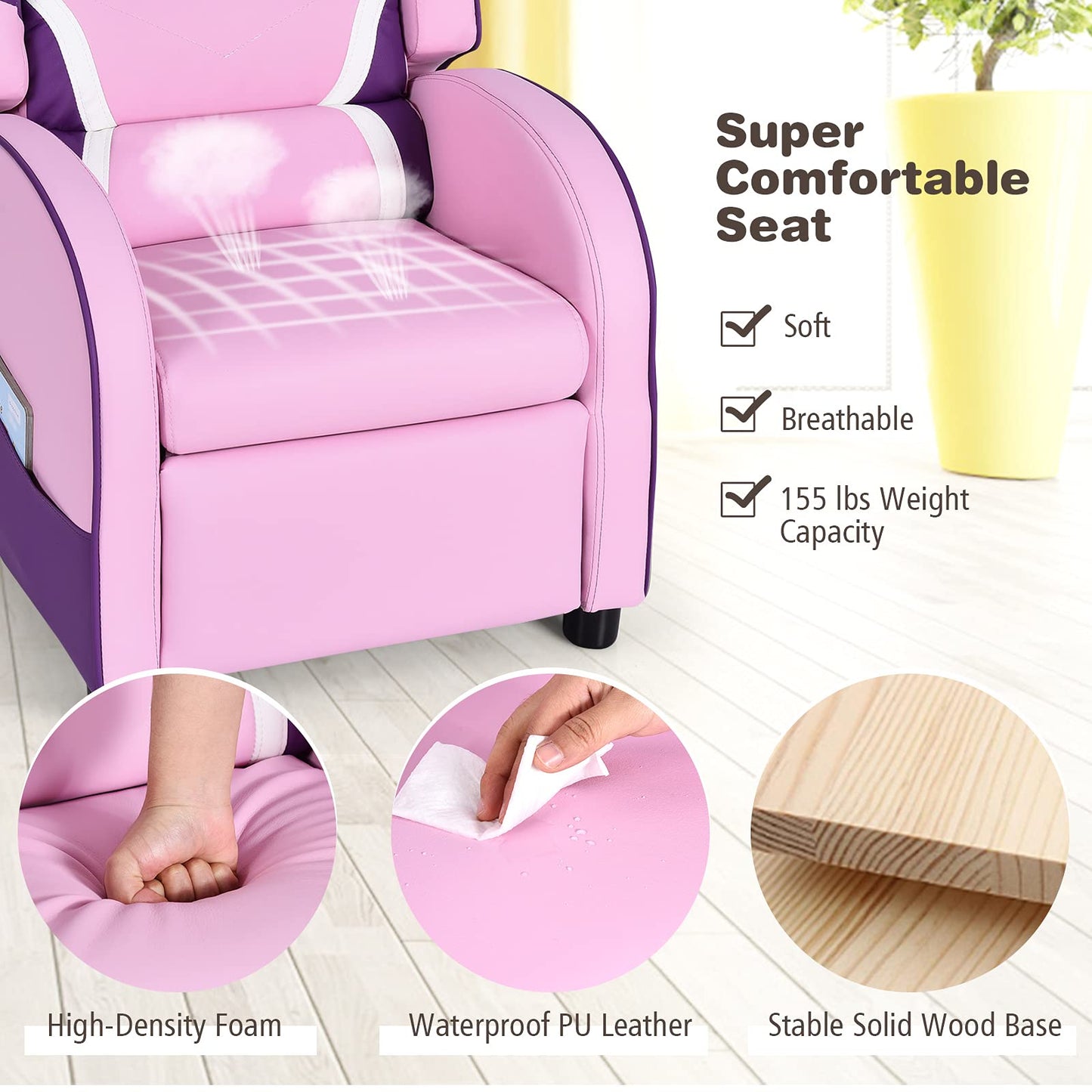 Costzon Kids Recliner, Gaming Recliner Chair w/Footrest, Headrest, Lumbar Support & Side Pockets, Ergonomic Leather Lounge Chair for Living & Gaming Room, Adjustable Recliner Sofa for Boys Girls, Pink
