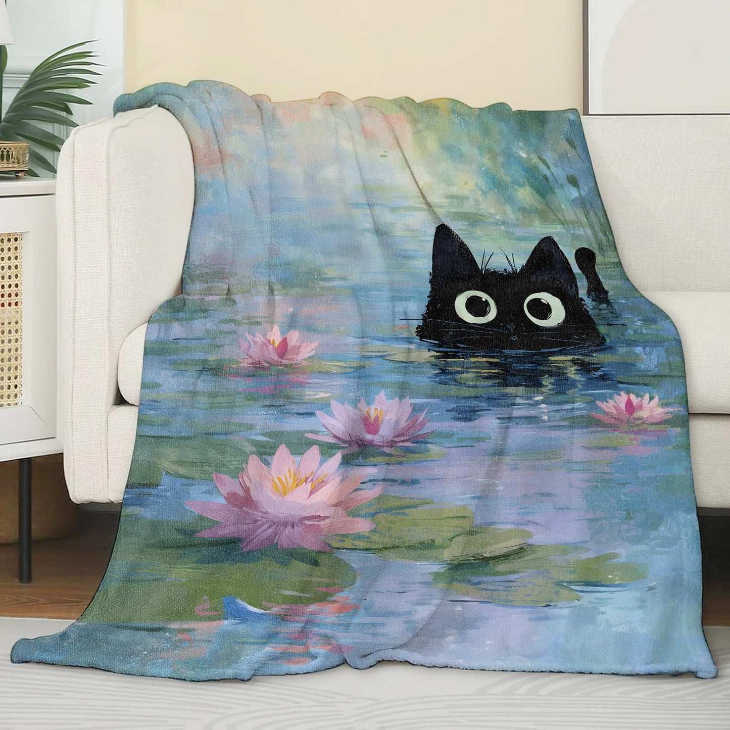 Zeleda Cute Cat Flannel Blanket, Soft Cozy Throw with Kitten and Lily Pond, Lightweight Blankets for All Seasons, Oil Painting Dreamy Floral Home Sofa Bed Decor and Gifts for Women Girls, 50x60 Inch