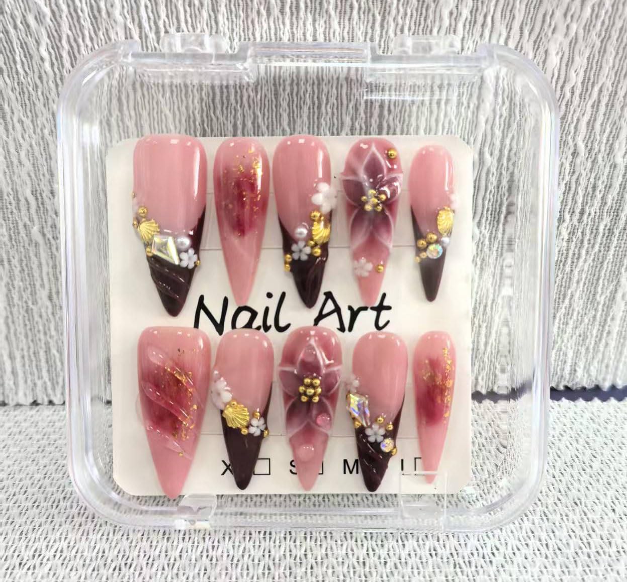 10pcs Handmade Press on Nails Long Stiletto False Nails Red French Tip Fake Nails with 3D Flower Designs Sparkly Charm luxury Artificial Nails Reusable for Women (Size M）