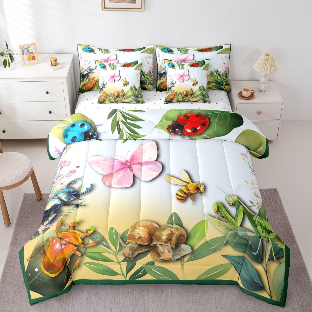 Erosebridal Butterfly 7 Piece Bedding Set Queen Ladybug Comforter Set with Sheets Bee Longhorn Beetle Snail Mantis Print Bed in a Bag Insect Theme Flowers Leaves for Kids Boys Girls