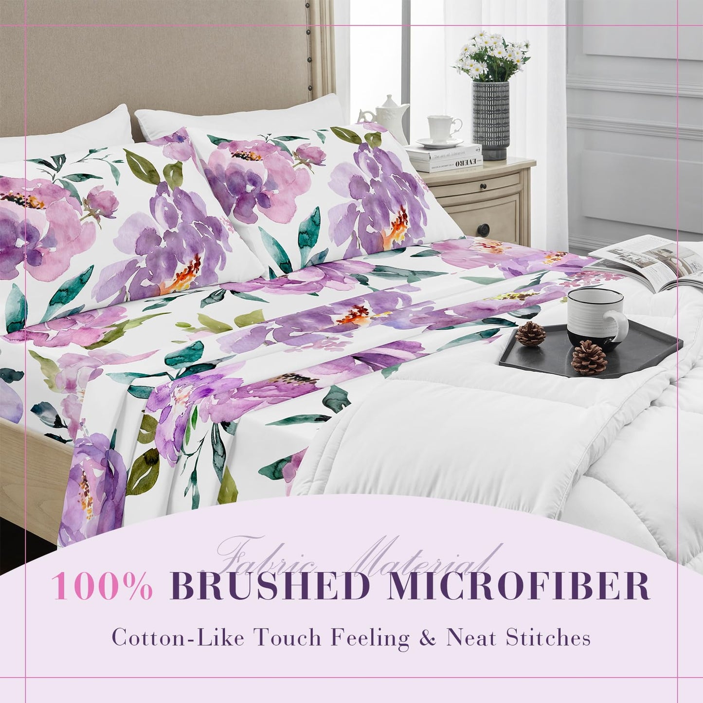 YIYEA Floral Sheets Queen Size, Premium Double Brushed Microfiber Bed Sheet Set for All Season, Soft Breathable, 16" Deep Pocket, Shrinkage and Fade Resistant, 4PC, Queen