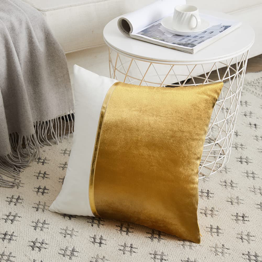 Fancy Homi 4 Pack Gold Decorative Throw Pillow Covers 18x18 Inch for Living Room Couch Bed Sofa, Velvet Patchwork with Gold Leather, Luxury Home Decor Square Cushion Case 45x45 cm