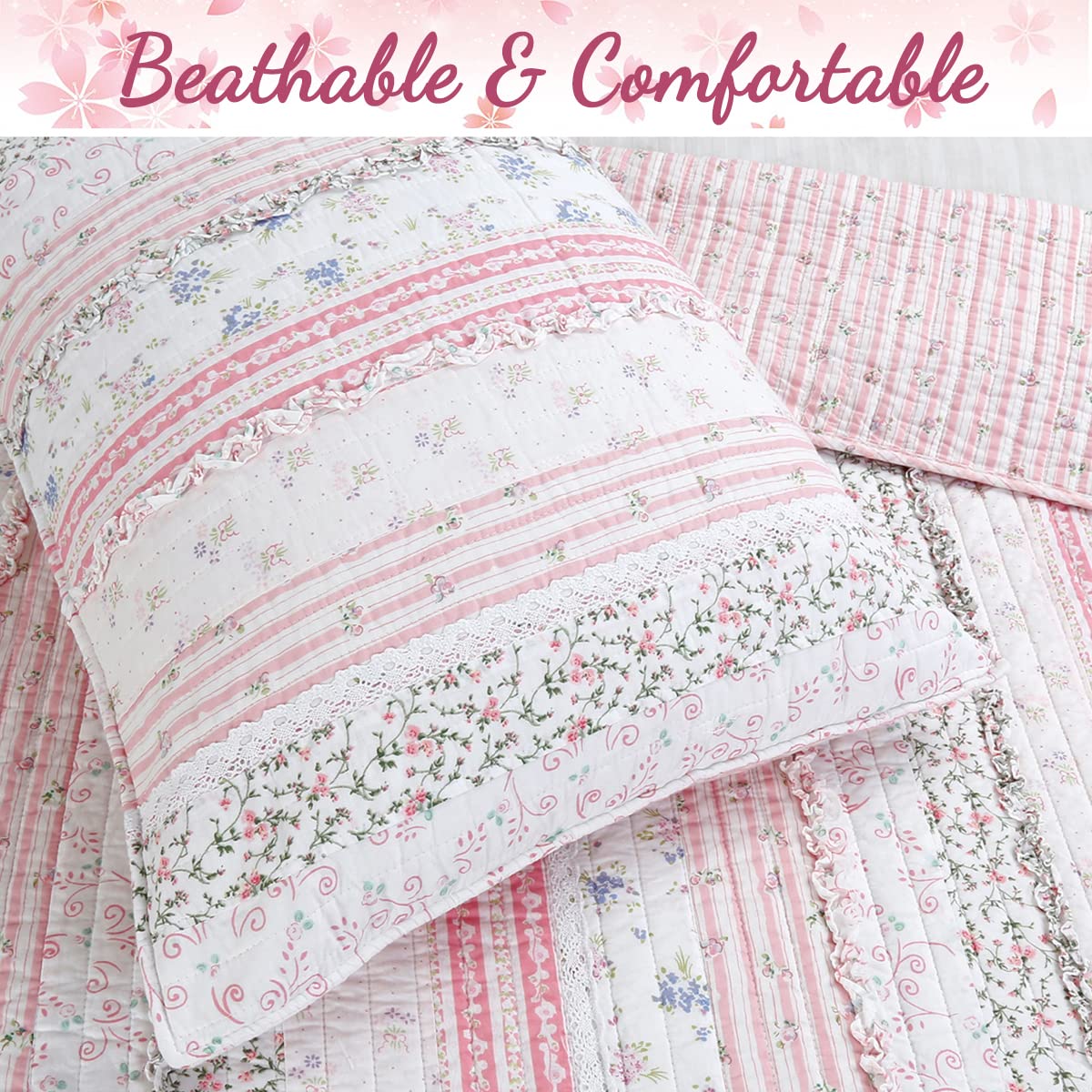 Cozy Line Home Fashions Pink Flower Lace Ruffle Stripe Shabby Chic Girl 100% Cotton Reversible Quilt Bedding Set, Coverlet, Bedspread (Pink Lace, Twin - 2 Piece: 1 Quilt + 1 Sham)