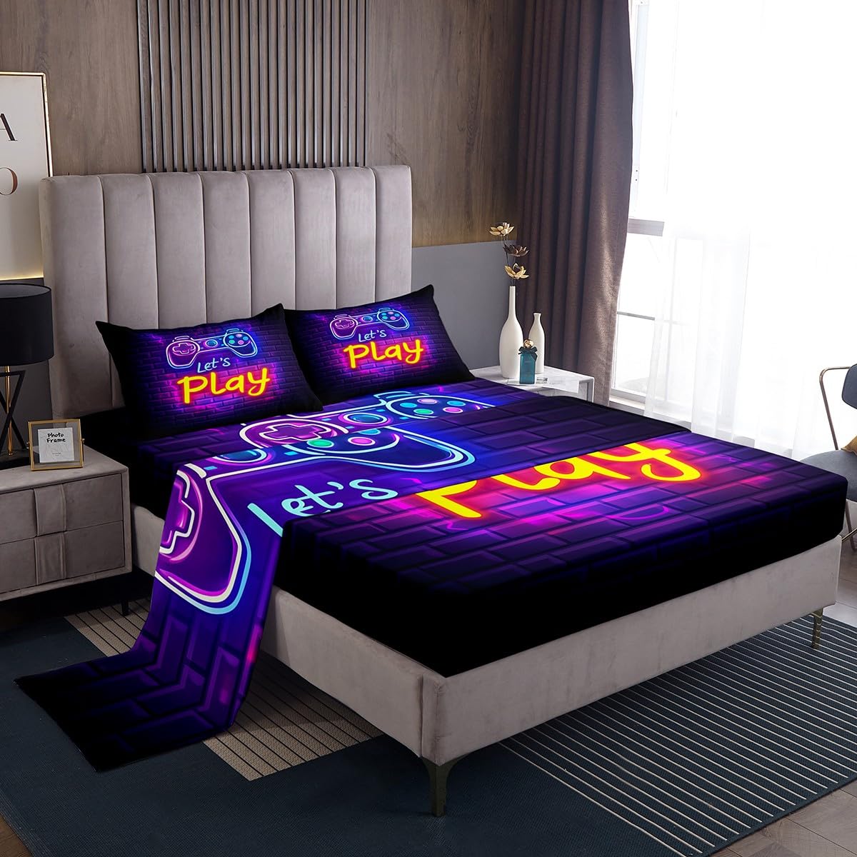 Gaming Gamer Bed Sheets Set - Full Size Video Game Sheets with Gamepad Design - Fitted Sheet, Flat Sheet & 2 Pillow Shams - Abstract Neon Style - Deep Pocket - Geometric Brick Wall Pattern