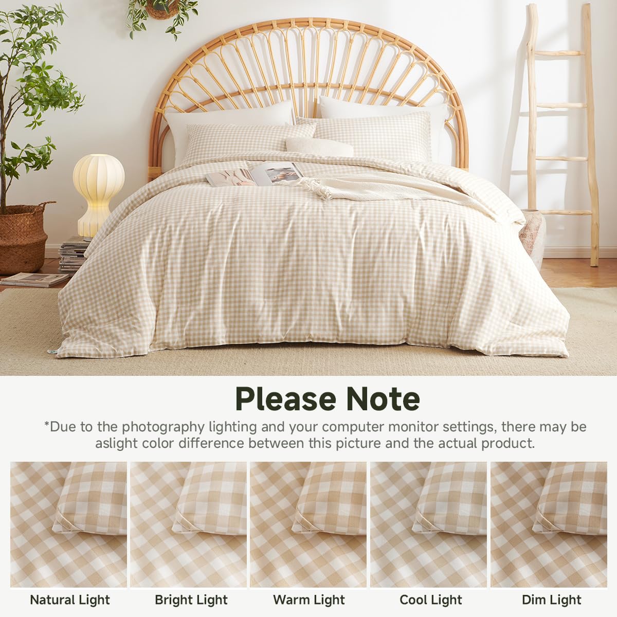 Erwinmu Gingham Comforter Set King Size - 3 Pieces Beige White Gingham Comforter Bedding Sets Checkered Pattern,Kingsize Bed in a Bag with Plaid Comforter and 2 Pillowcases